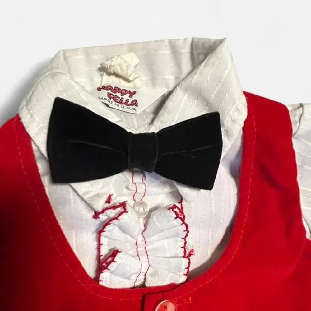 12 months baby boy vintage 70s holiday button up shirt, red vest, bow tie set